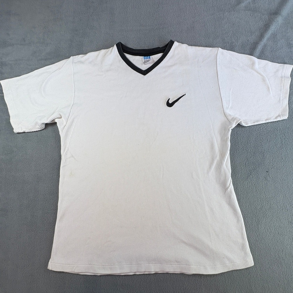 Vintage Nike Air Ribbed V-Neck T-Shirt Mens Medium White Black Swoosh 90s Ribbed